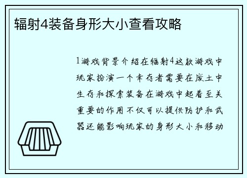 辐射4装备身形大小查看攻略